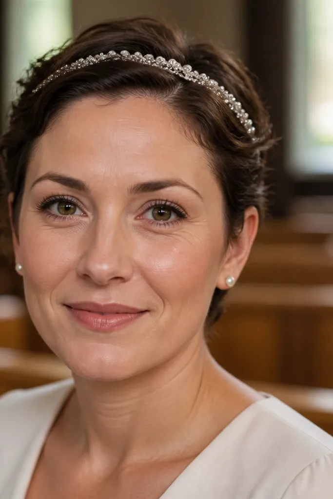 Short hair with a sparkly veil clip placed along the hairline