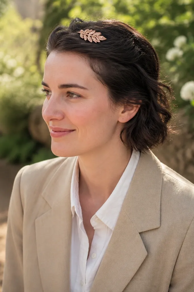 Ear-length hair with small twist crown pinned and held by a rose-gold comb
