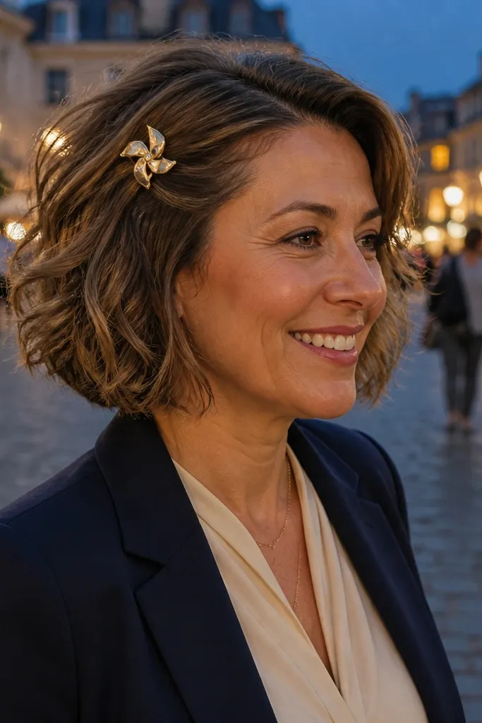 Short textured waves with a pinwheel side clip near the temple