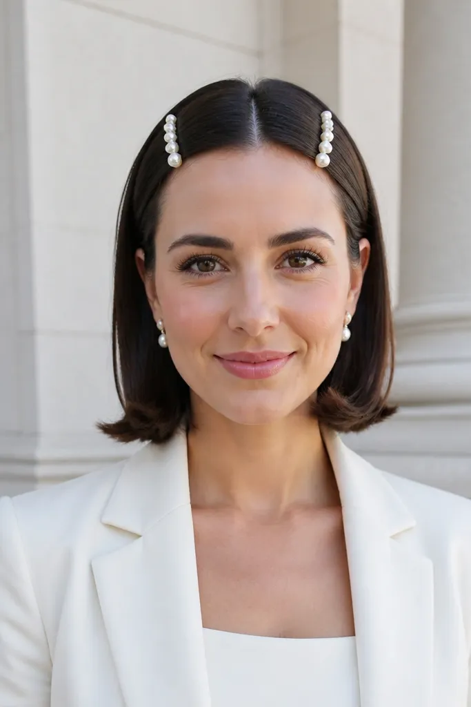 Clean bob flip and pearl hairpins placed along the center part