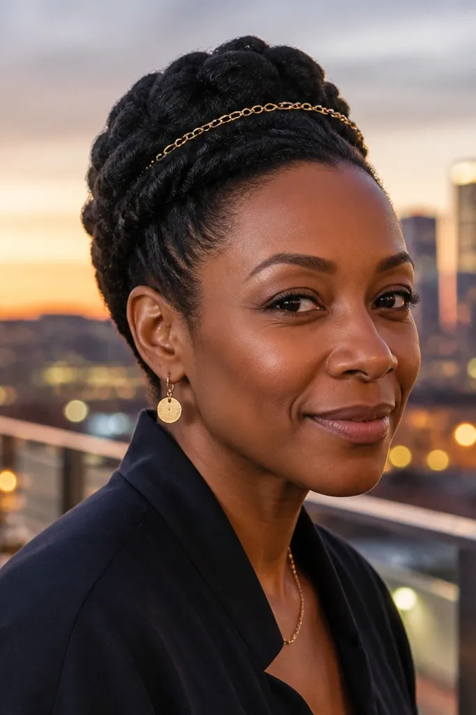 Short hair twist-and-tuck crown secured with a skinny gold chain clip