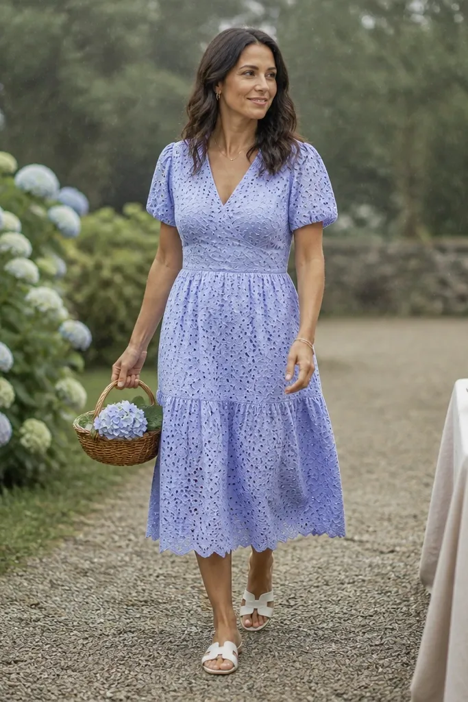 Periwinkle eyelet midi dress with white strappy sandals and a pearl stud look