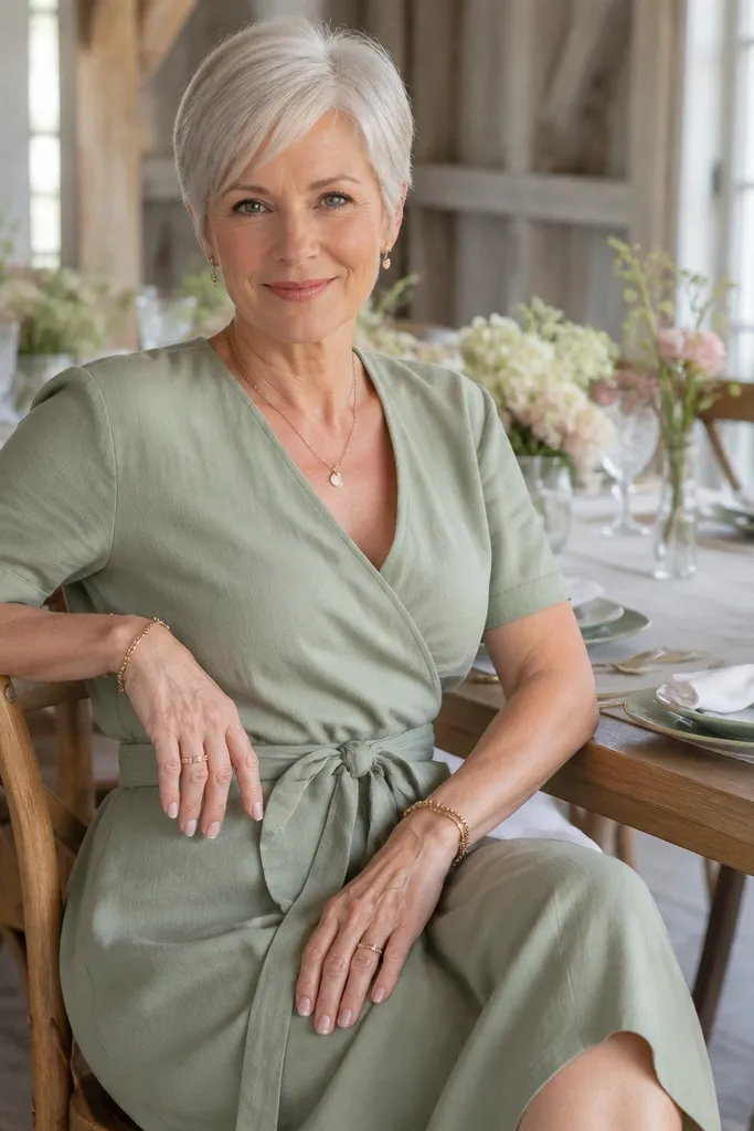 Sage green wrap top with a matching midi skirt and tan block-heel sandals