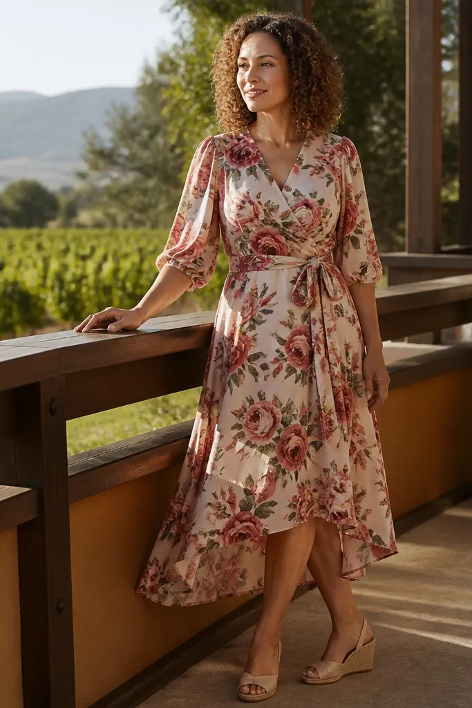 Rose floral wrap midi dress with nude wedge sandals and a small tan crossbody