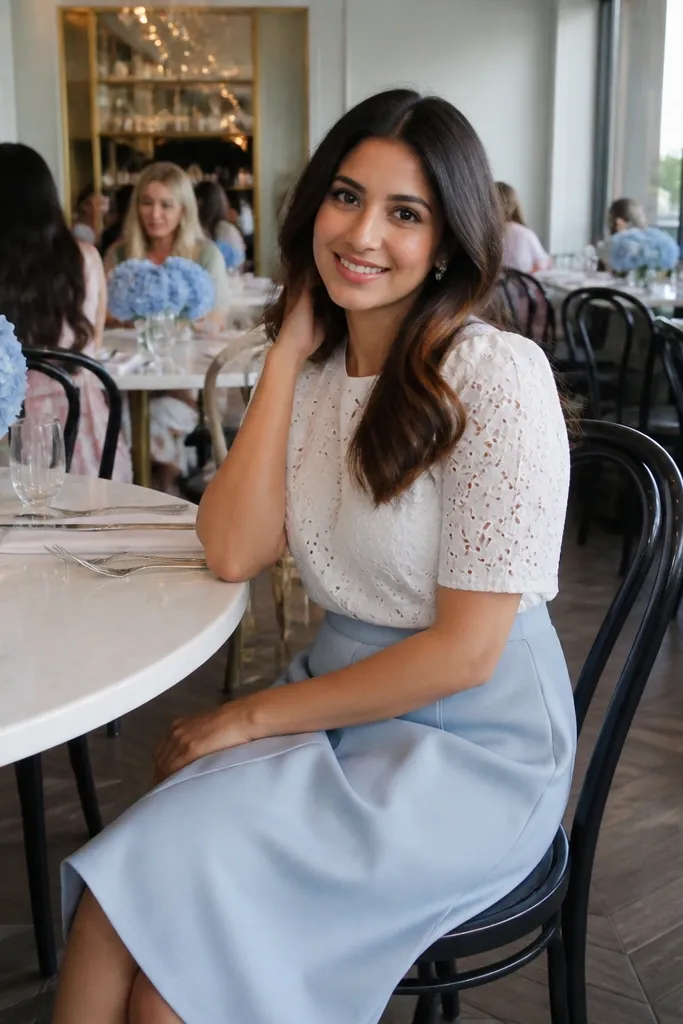 White eyelet blouse tucked into a powder blue midi skirt with silver ballet flats