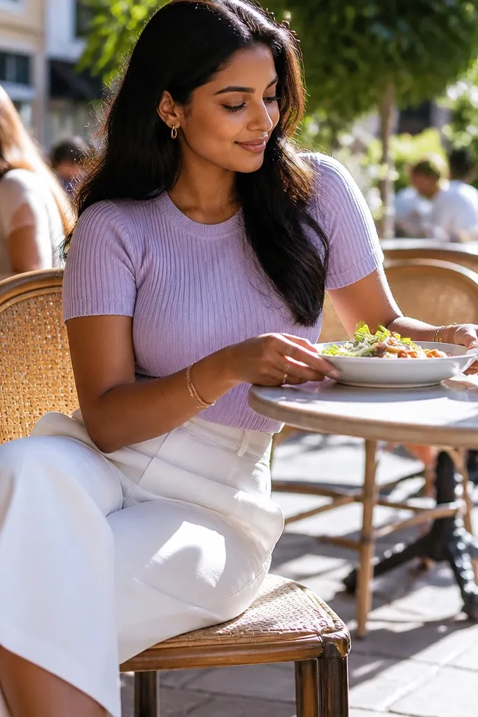Lilac fitted knit top with white high-waist culottes and light nude sneakers