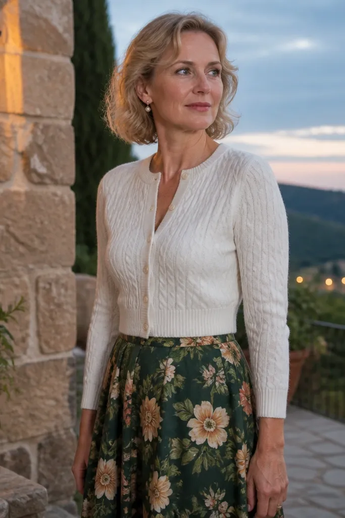 White cropped cardigan over a green floral skirt with nude ballet flats