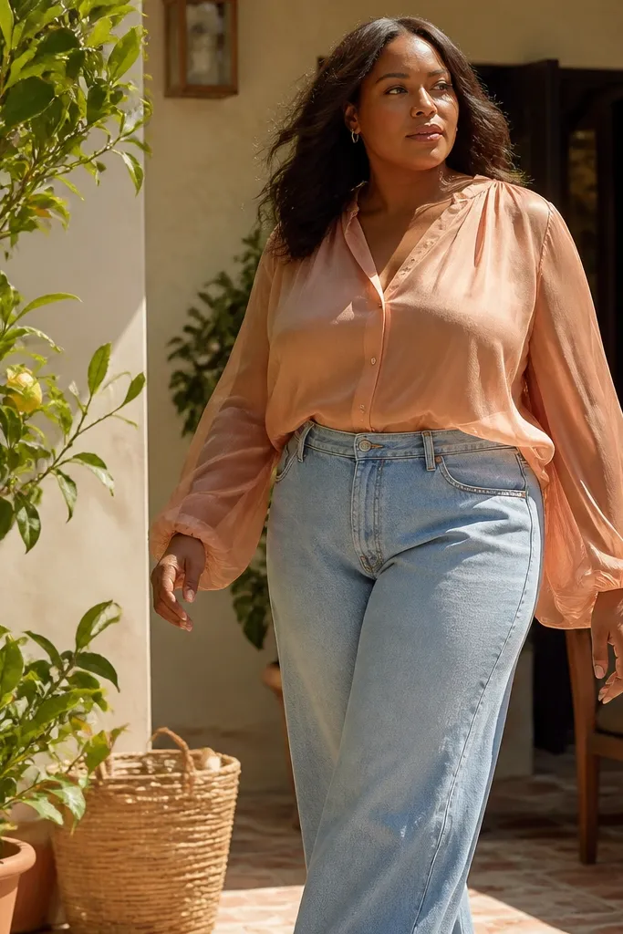 Peach chiffon blouse with light wash wide-leg jeans and tan wedge sandals
