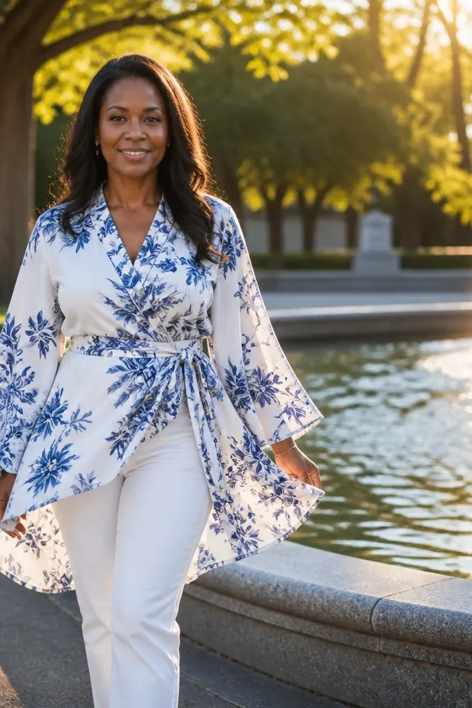 White wide-leg pants with a blue floral kimono-style top and tan sandals