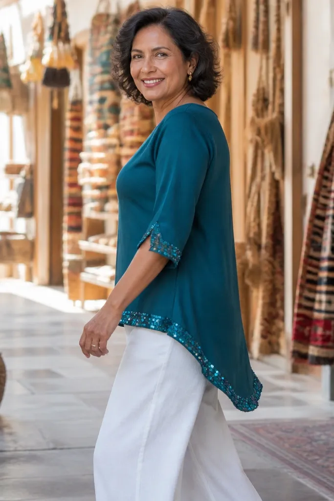 Teal top with subtle sequin trim and white wide-leg trousers with nude heels