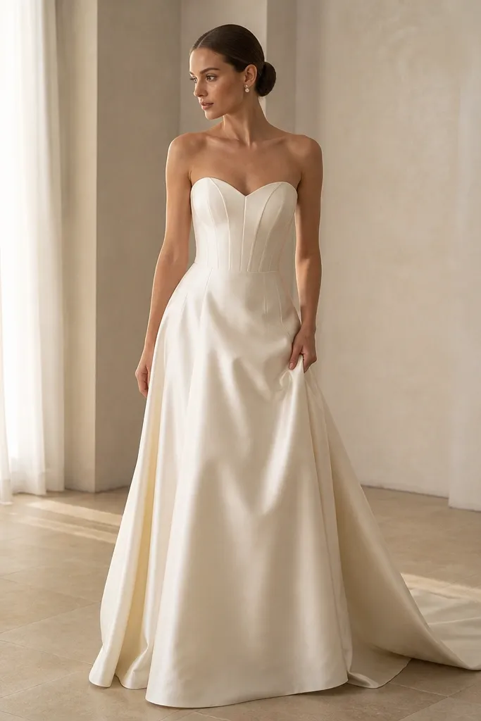 Ivory sweetheart strapless gown with structured bodice and subtle sheen