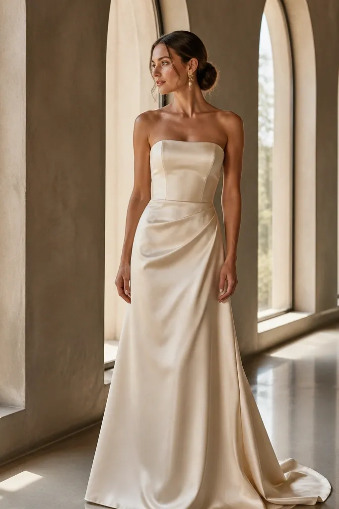 Champagne straight-neck strapless dress with sculpted bodice and clean lines