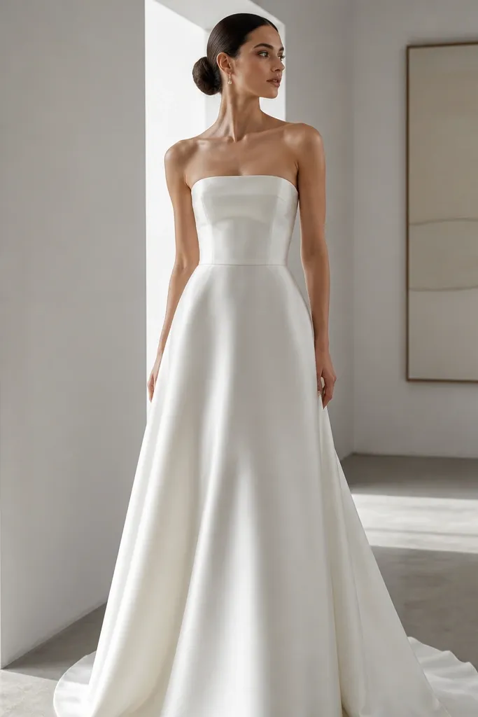 Pearl-white strapless silk wedding dress with corset-style side panels