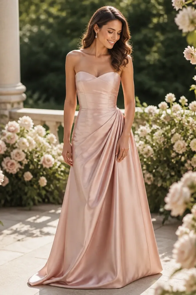 Blush strapless silk dress with gentle waist gathers and flowing skirt