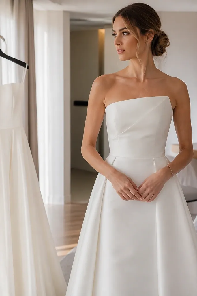 Ivory strapless silk dress with off-center bust seam and fitted silhouette