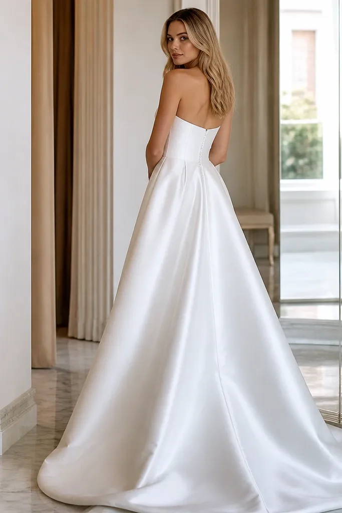 Soft white strapless silk gown with straight back and wide flowing hem