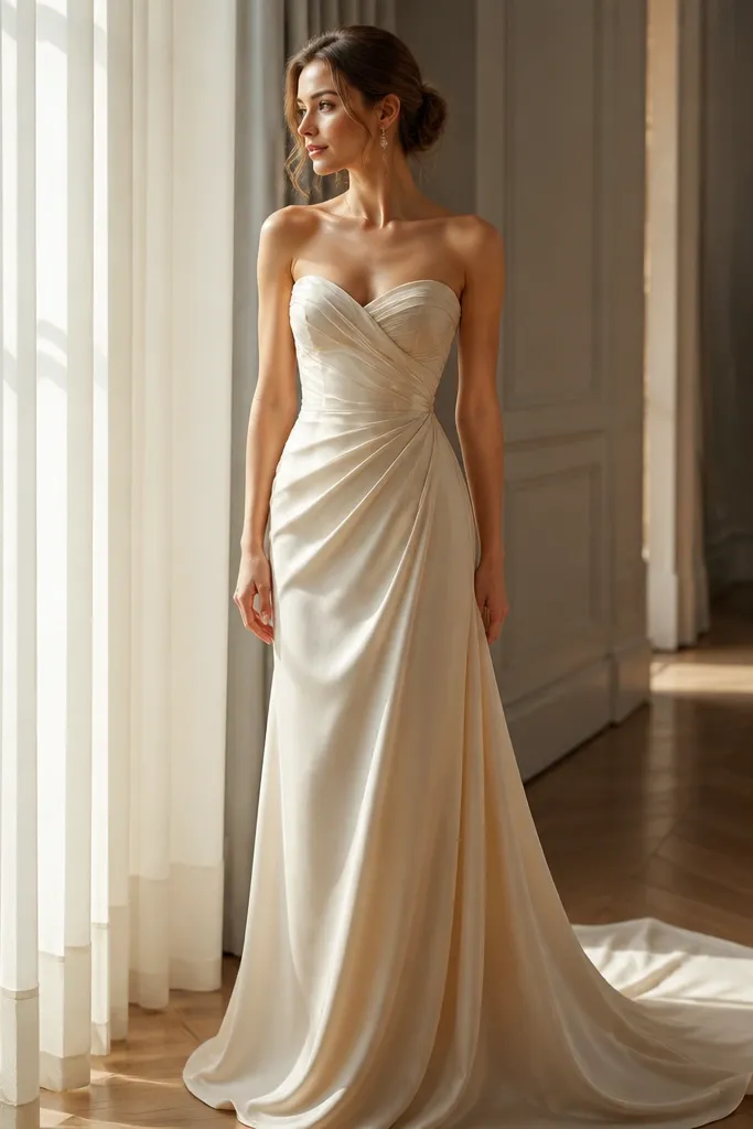 Champagne strapless silk gown with draped bodice and built-in cups