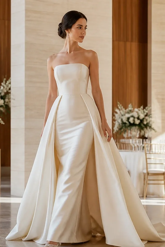 Champagne strapless silk gown with a detachable crepe overskirt effect
