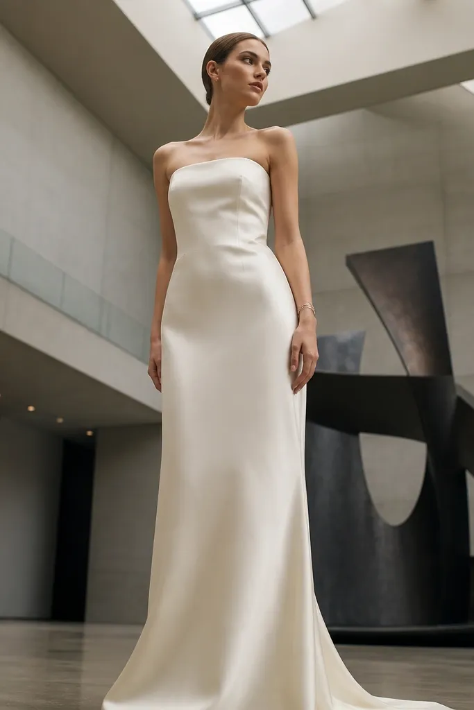 Ivory strapless silk gown with tapered waist and straight column skirt