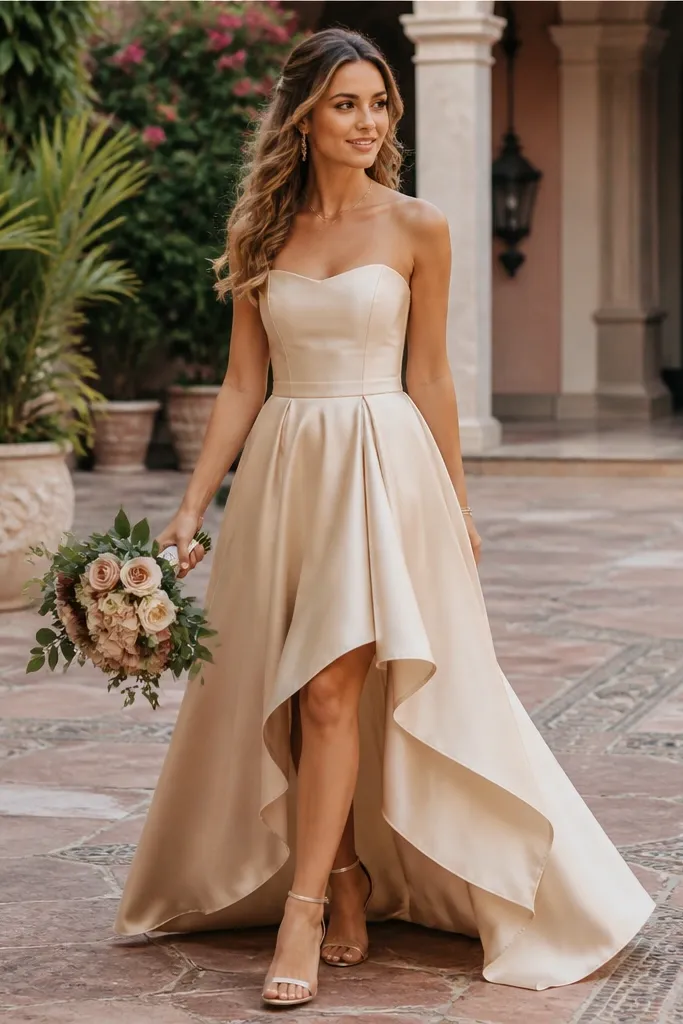 Soft champagne strapless silk dress with asymmetrical hem and smooth bodice