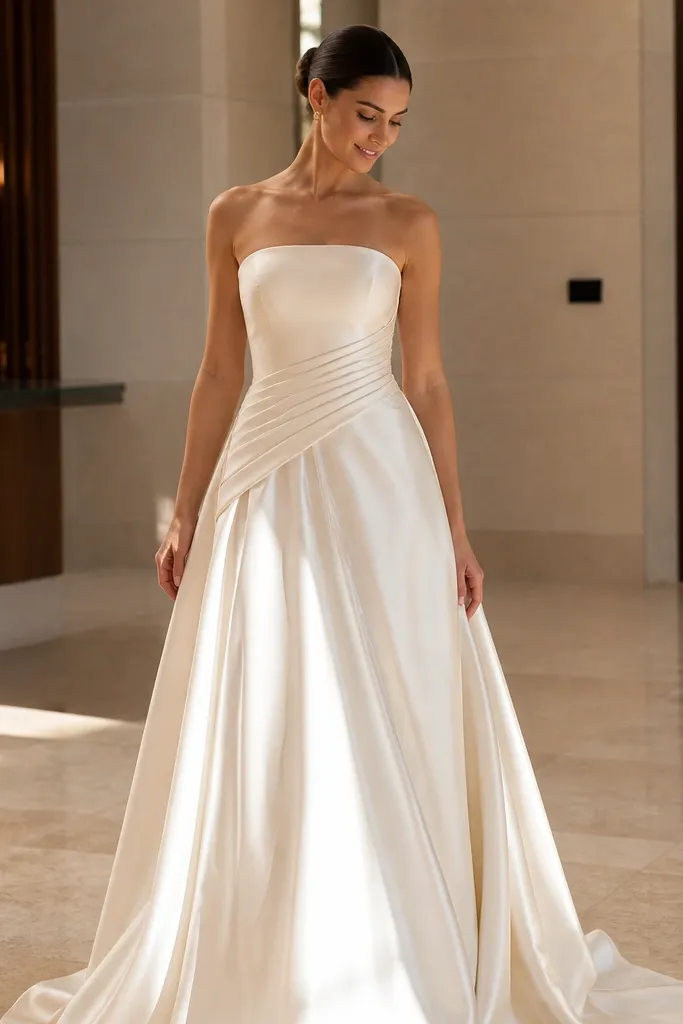 Champagne strapless silk dress with pleated waist panel and flowing skirt