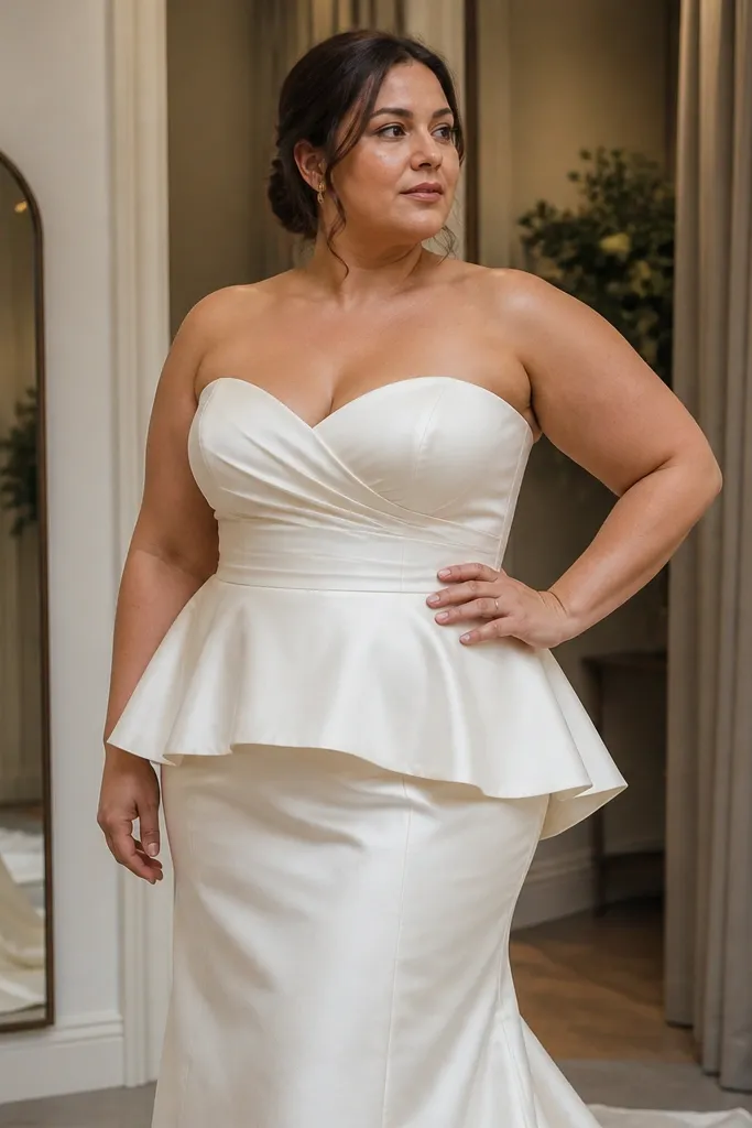 Ivory strapless silk gown with a soft peplum at the waist