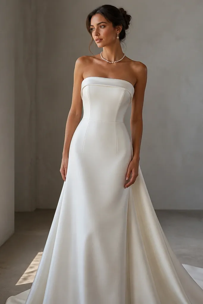 Ivory strapless silk dress with satin binding along the neckline edge
