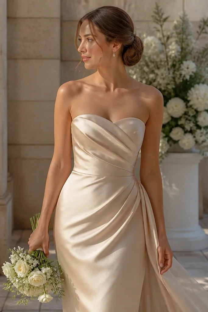 Champagne strapless silk dress with soft structured draping at the bust