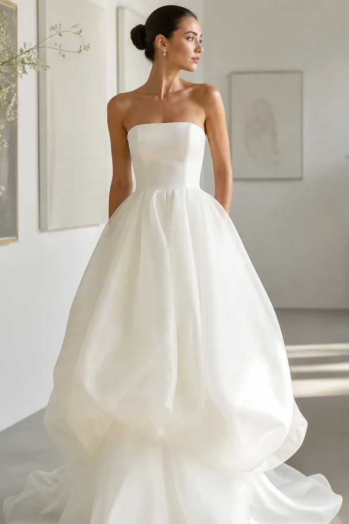 Ivory strapless silk organza dress with a rounded bubble hem