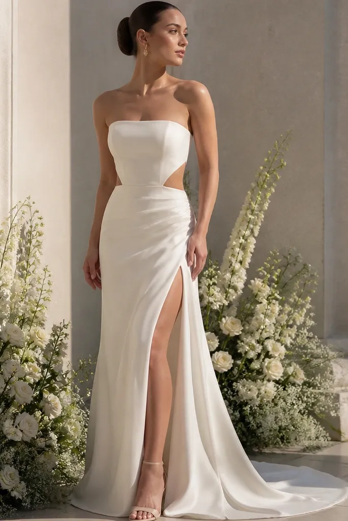 Champagne strapless silk crepe dress with waist cutout and high slit