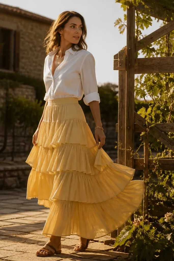 Butter yellow tiered skirt with a white button-down blouse and tan sandals