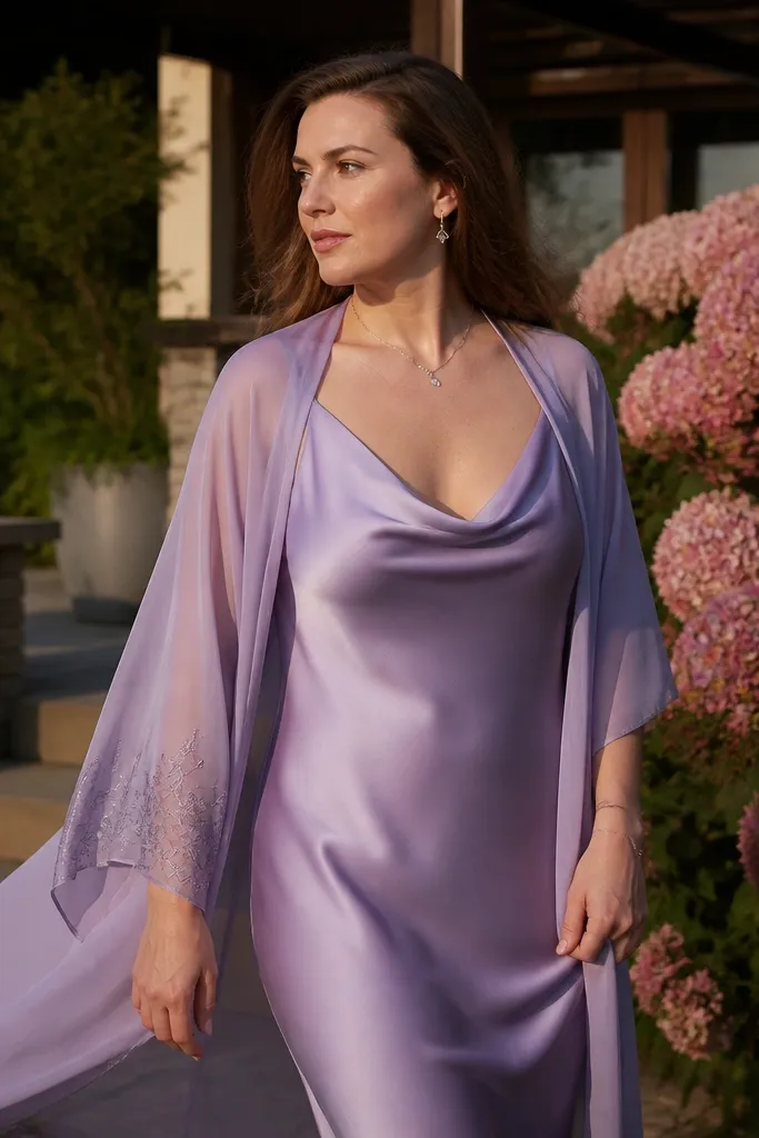 Lavender slip dress with a lightweight chiffon kimono and nude heels