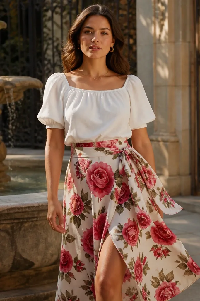 Rose print wrap skirt with a solid white puff-sleeve blouse and tan flats