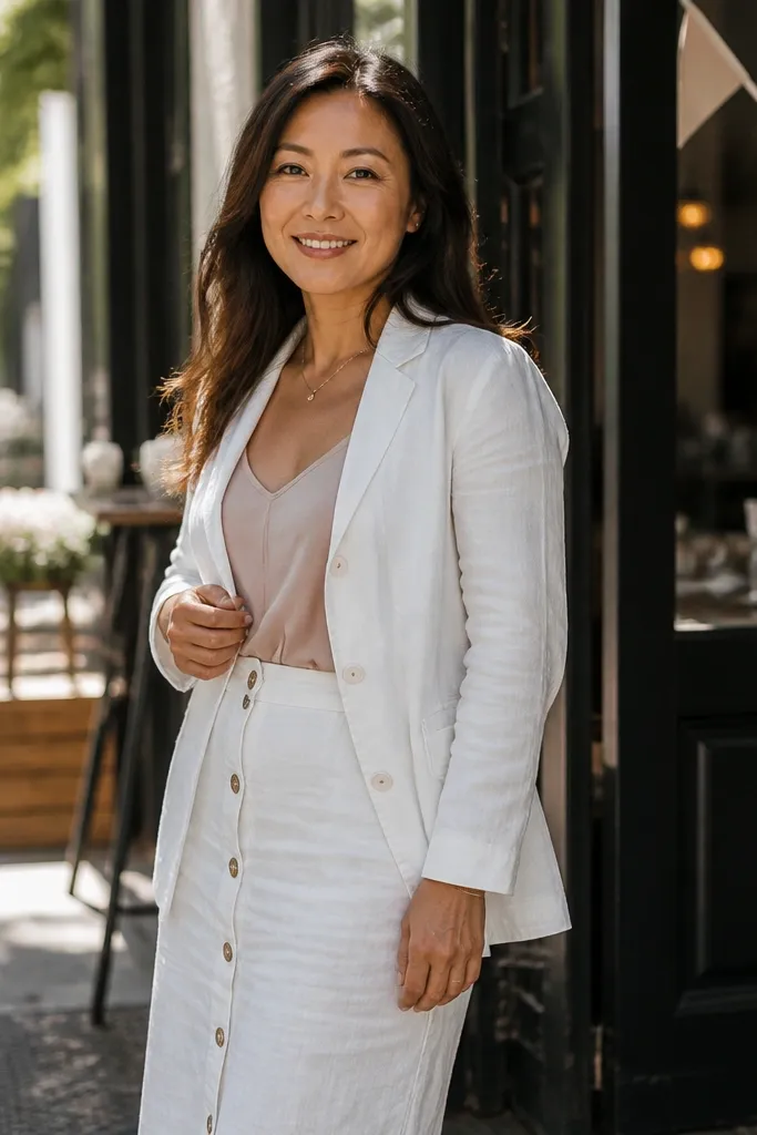 White linen button-down skirt set with a blush camisole and nude sandals