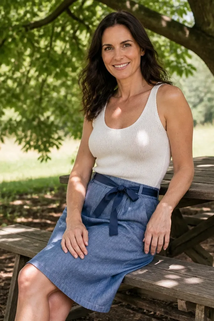 Chambray midi skirt with a white knit tank and a blue ribbon belt