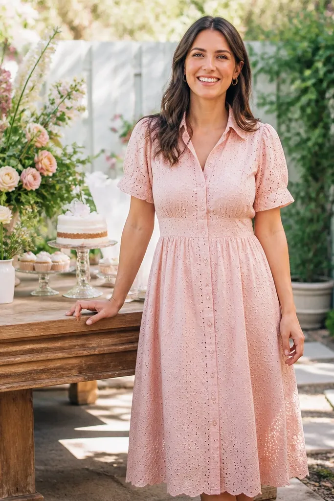 Blush eyelet button midi dress with short sleeves and white sandals