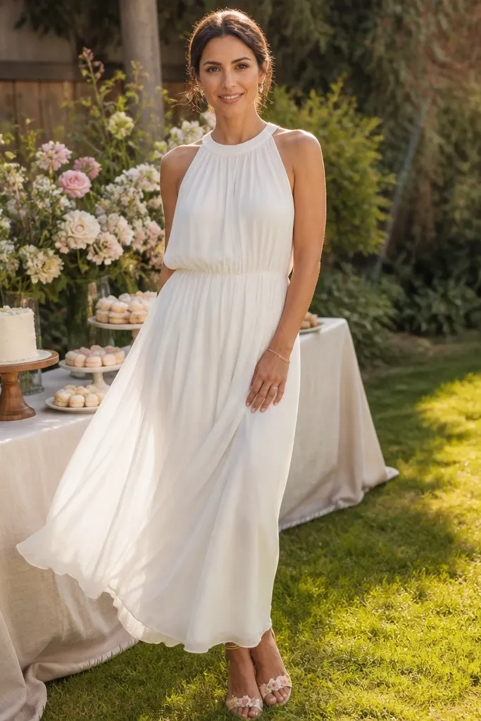 Soft white chiffon maxi dress with elastic waist and floral sandals