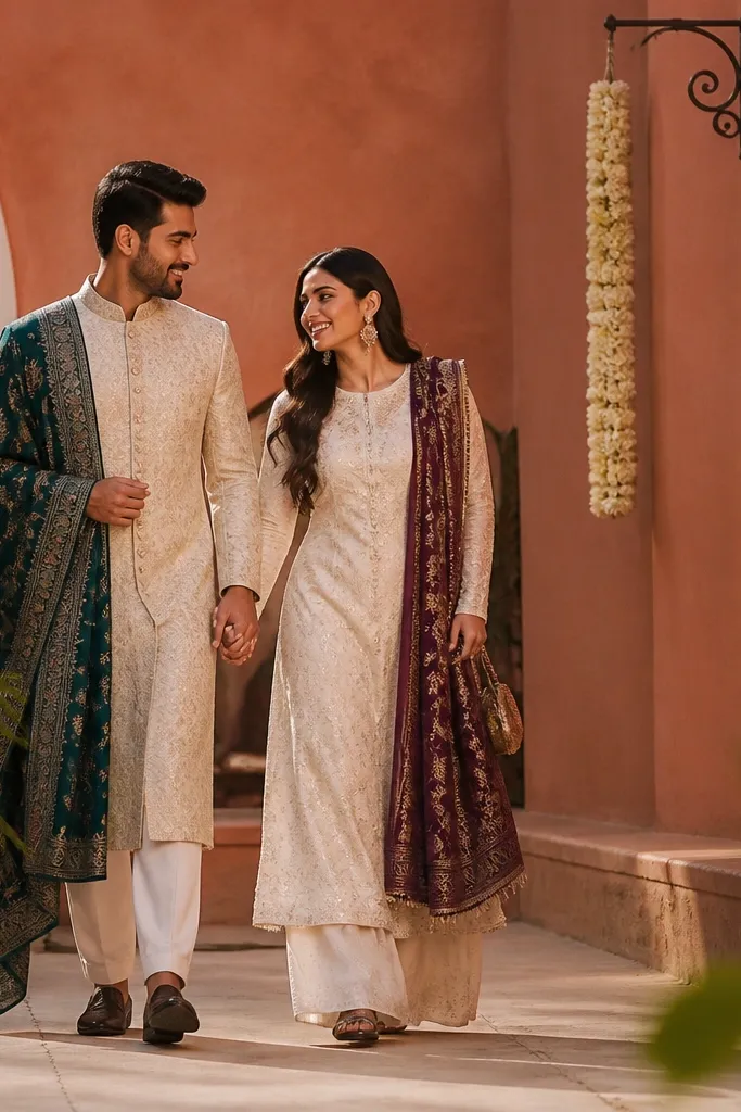 Couple walking on a terracotta courtyard with a flower garland