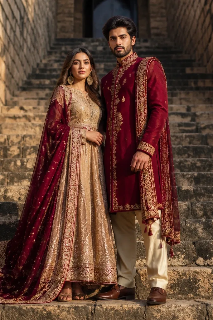 Couple posed on old stone steps with a draped dupatta