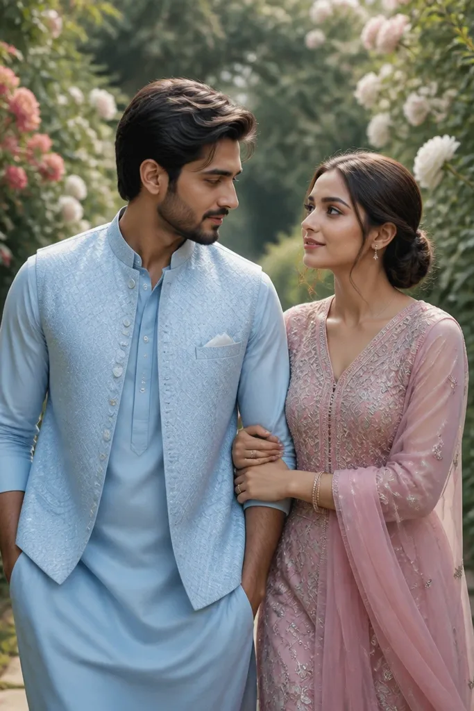 Couple on a rose garden path with side-glance poses