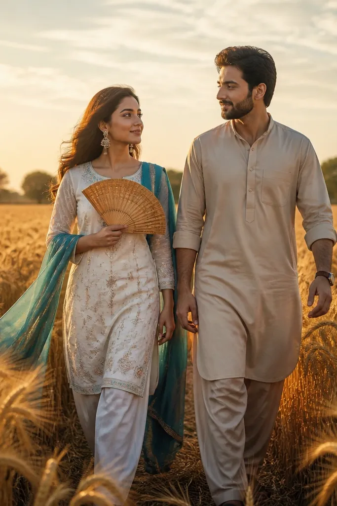 Couple in a wheat field at golden hour holding a fan