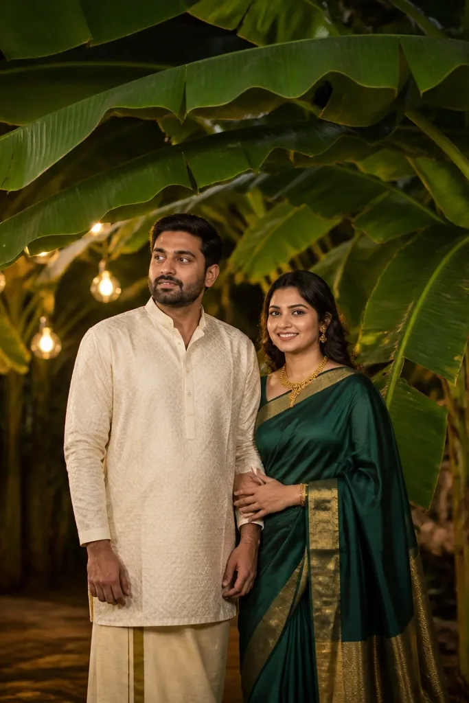 Couple near banana leaves with warm hanging lights in the background