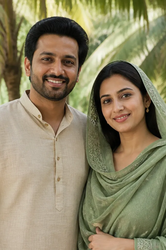 Couple standing in a coconut grove with soft shade lighting