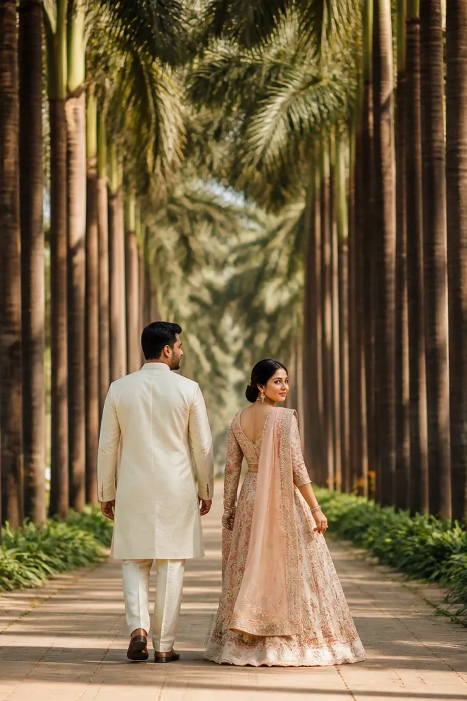 Couple walking on a tree-lined avenue with soft side light