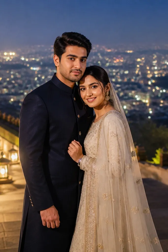 Couple on terrace steps with warm city lights in the distance