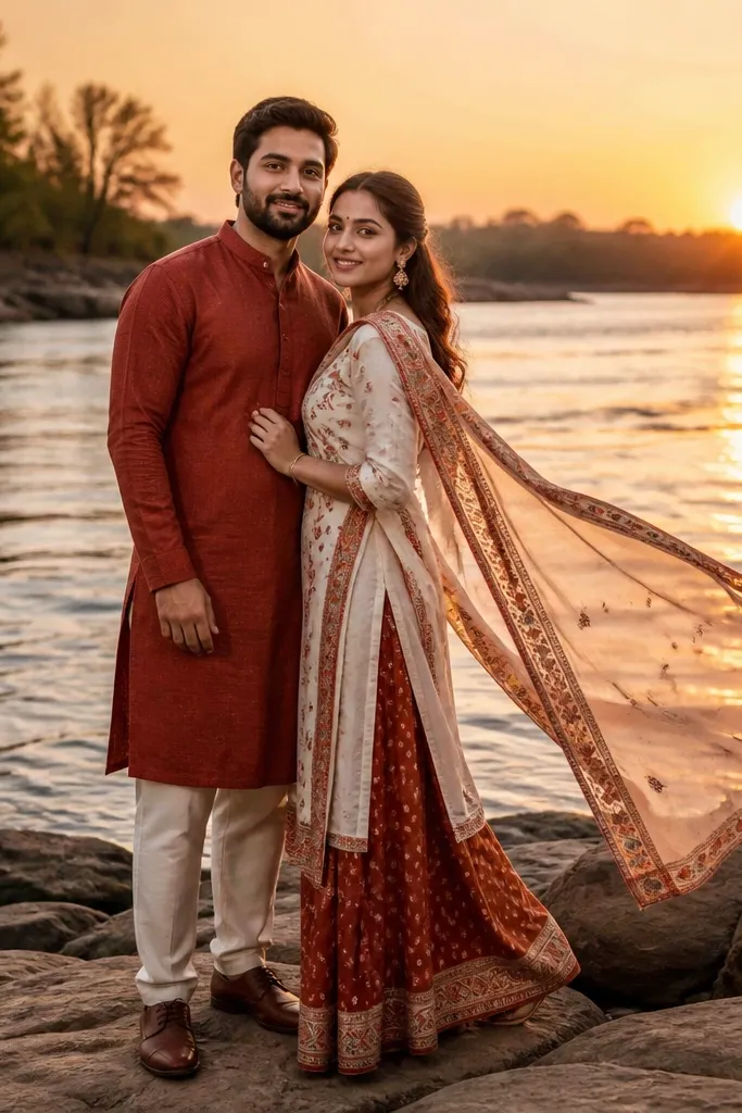 Couple on a riverbank during sunset with a flowing dupatta