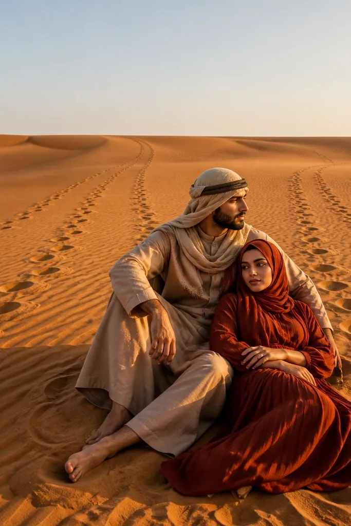 Couple on desert dunes making footprint-style pose lines
