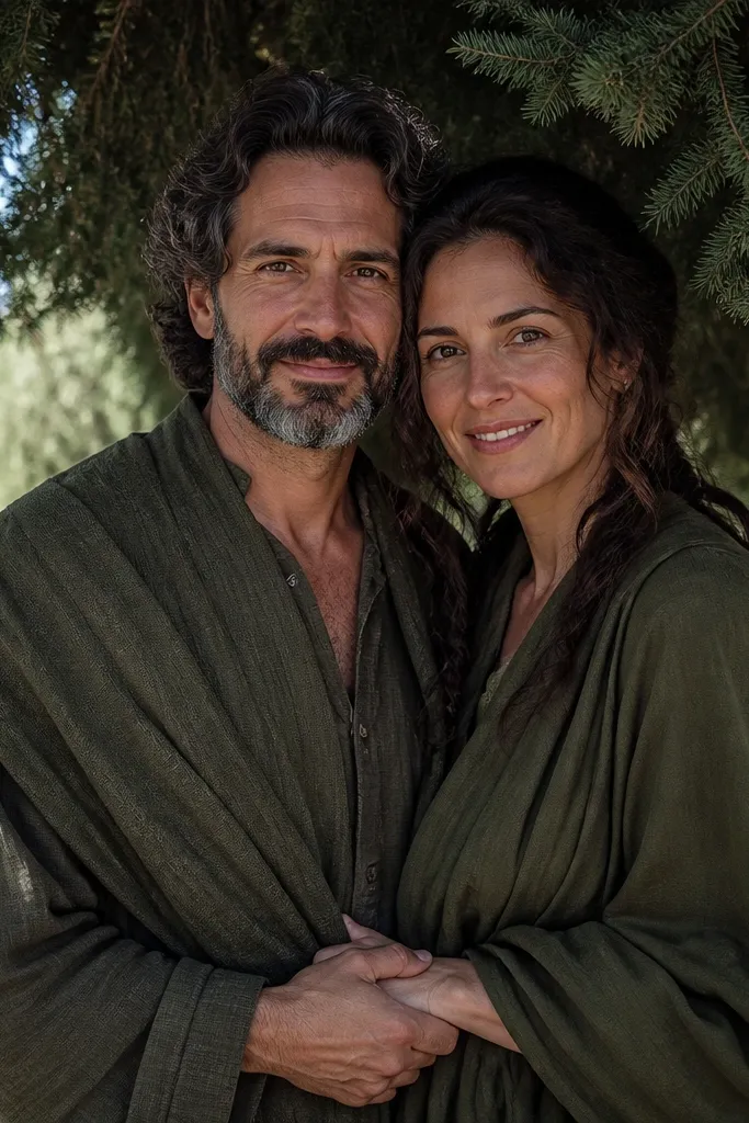 Couple under cypress or olive trees with shawls draped over shoulders