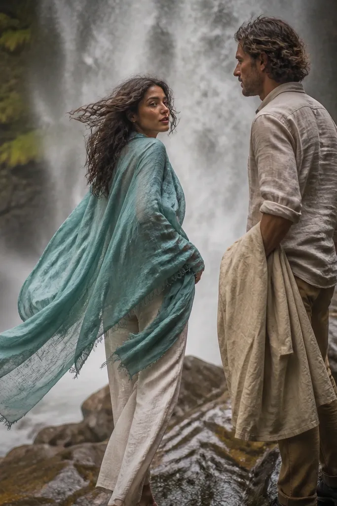 Couple on a waterfall trail with flowing fabric and misty background