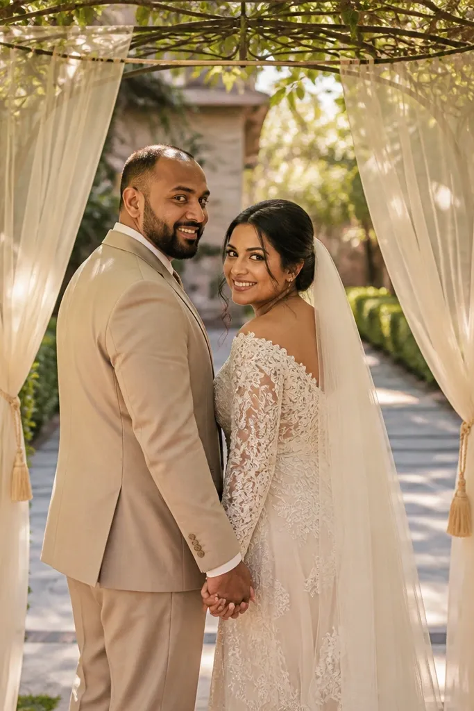 Couple framed by a garden arch with veil pulled like curtains